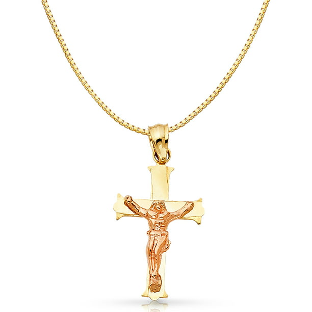 14K Yellow Gold Religious Crucifix Stamp Charm Pendant with 0.8mm Box Chain Necklace 